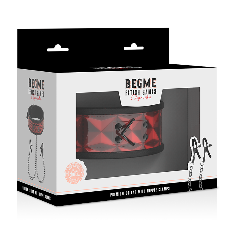 BEGME - COLLIER ÉDITION ROUGE AVEC PINCES À TÉTONS ET DOUBLURE EN NÉOPRÈNE