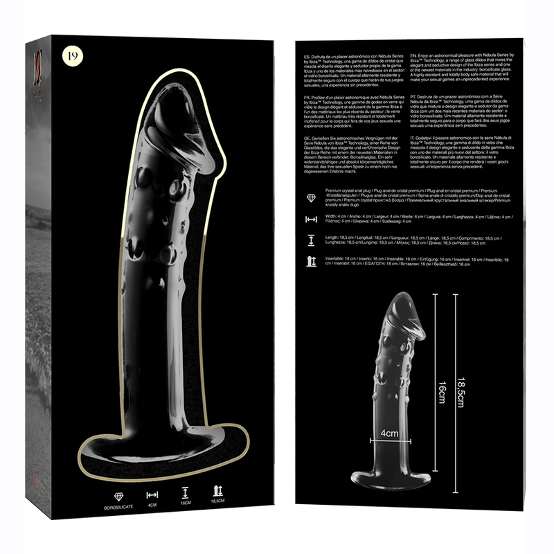 SÉRIE NEBULA D'IBIZA - MODÈLE 19 GODEMICHET EN VERRE BOROSILICATÉ TRANSPARENT 18.5 CM -Ø- 4 CM